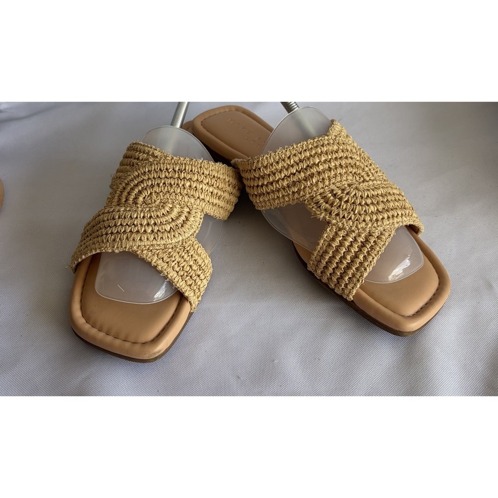 Marc Fisher LTD Flat Woven Sandals Women 7.5 Tan Slides Raffia Leather Square